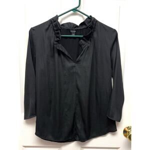 Ann Taylor Top Black Split Neck Ruffled Lightweight Long Sleeve Shirt Size S